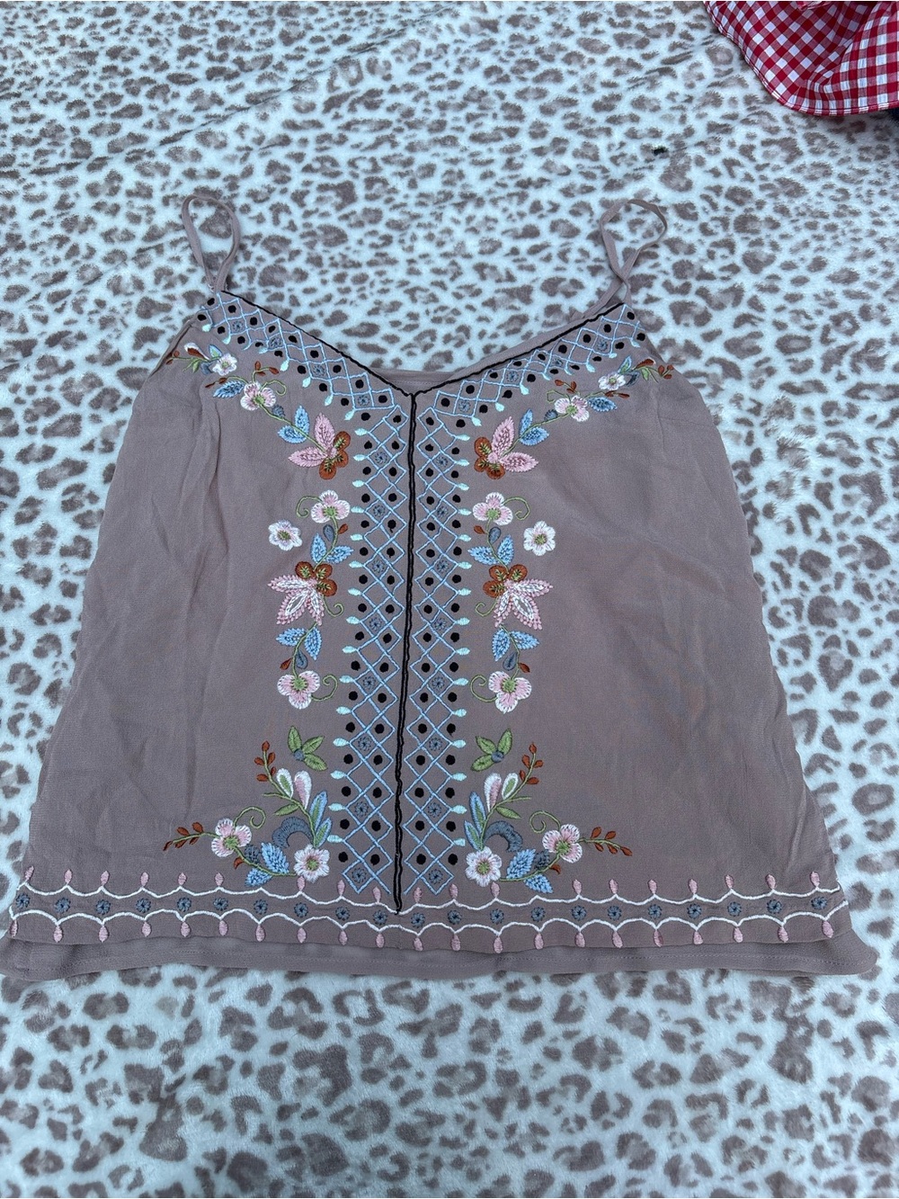 French Connection Size Small Taupe Embroidered Floral Cami Tank Top Boho Hippie